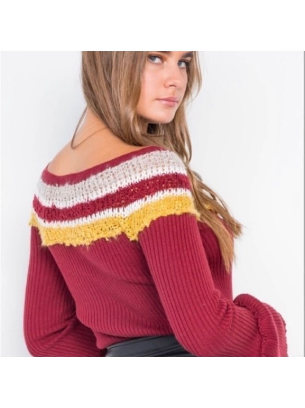 𝅺en CREME Crop Burgundy & Multi Stripe Bell Sleeve Sweater.